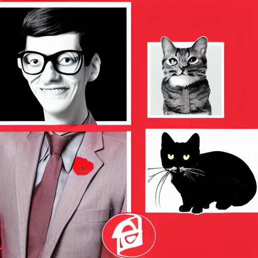 Prompt: an album of neil cicierega holding a cat, in a red color style, in a railroad background