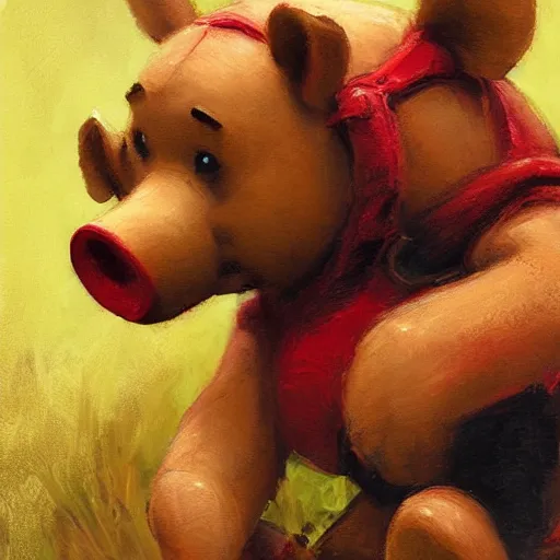 Image similar to close up of winnie the pooh with a severed pigs head dripping blood, cinematographic shot, by daniel f. gerhartz