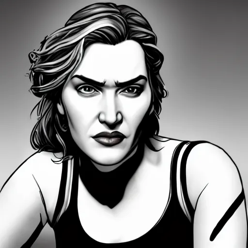 Image similar to kate winslet portrait, borderlands, tales from the borderlands, the wolf among us, comic, cinematic lighting, studio quality, 8 k