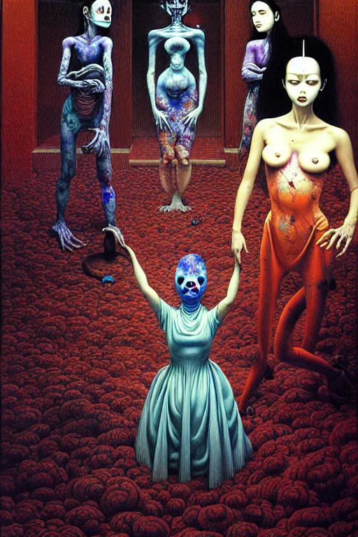 Image similar to a hyperrealistic painting of a haunted hotel lobby with scary maids and evil front desk clerk, cinematic horror by chris cunningham, lisa frank, richard corben, highly detailed, vivid color, beksinski painting, part by adrian ghenie and gerhard richter. art by takato yamamoto. masterpiece