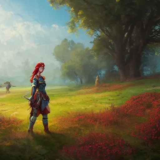 Prompt: a warrior girl standing on a medieval fantasy meadow landscape, digital art, oil on canvas, by andreas rocha, trending on artstation, 4k wallpaper, vibrant colors