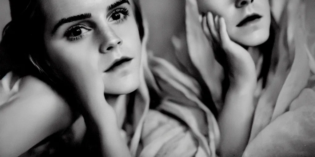 Prompt: portrait closeup Emma Watson lips teeth long hair flowing silk robes baroque room candles mirrors cinematic lighting stanley kubrick barry lyndon Cecil Beaton, Lee Miller, Irving Penn, David Bailey, Corinne Day, Patrick Demarchelier 4k canon 5d mk4