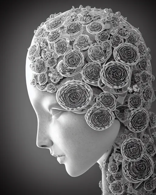 Image similar to mythical dreamy black and white organic bio - mechanical spinal ribbed profile face portrait detail of translucent steampunk beautiful female angelic - human - queen - vegetal - cyborg, highly detailed, intricate crystal ivy jelly ornate, poetic, translucent roses ornate, 3 d render, digital art, octane render, 8 k artistic photography, photo - realistic, by dora maar