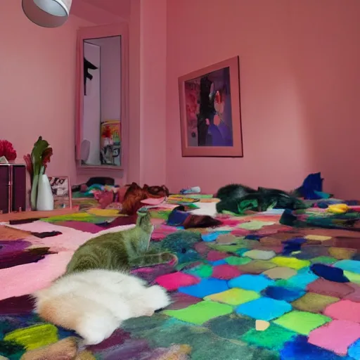 Image similar to color studio photo of a cats filled floor to ceiling in a bedroom