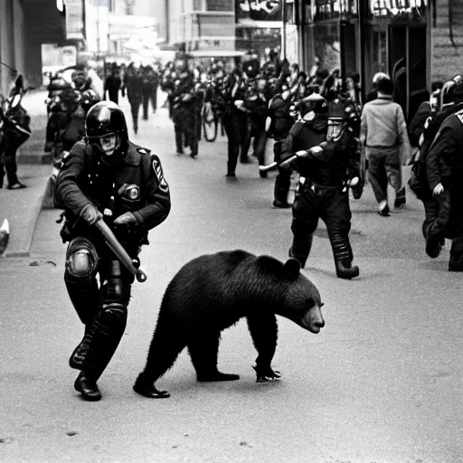 Image similar to a riot cop beating a bear, leica m 9, voigtlander 3 5 mm, 1 9 6 0 s