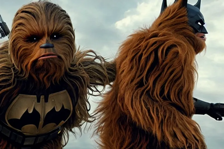 Prompt: A high quality movie still from a film starring Chewbacca as Batman
