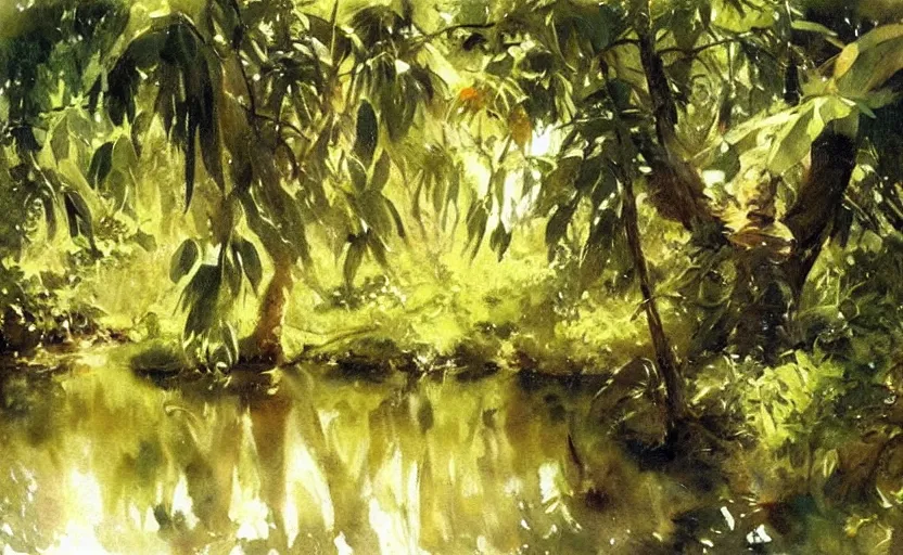 Image similar to oil painting lanscape by anders zorn, jungle nature, fruit trees, very very very very beautiful art, dramatic light, water reflections, aquarelle paint splashes, white canvas border