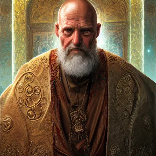 Image similar to portrait of an elderly orthodox patriarch, muscular, upper body, D&D, fantasy, intricate, cinematic lighting, highly detailed, digital painting, artstation, concept art, smooth, sharp focus, illustration, art by Hajime Sorayama