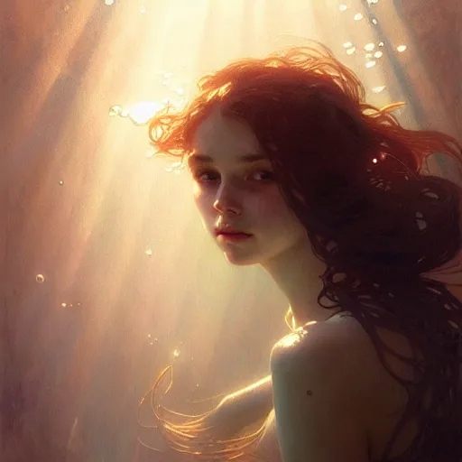 Image similar to Portrait of a girl underwater surrounded by light rays, face, fantasy, intricate, elegant, highly detailed, digital painting, artstation, concept art, smooth, sharp focus, illustration, art by Krenz Cushart and Artem Demura and alphonse mucha