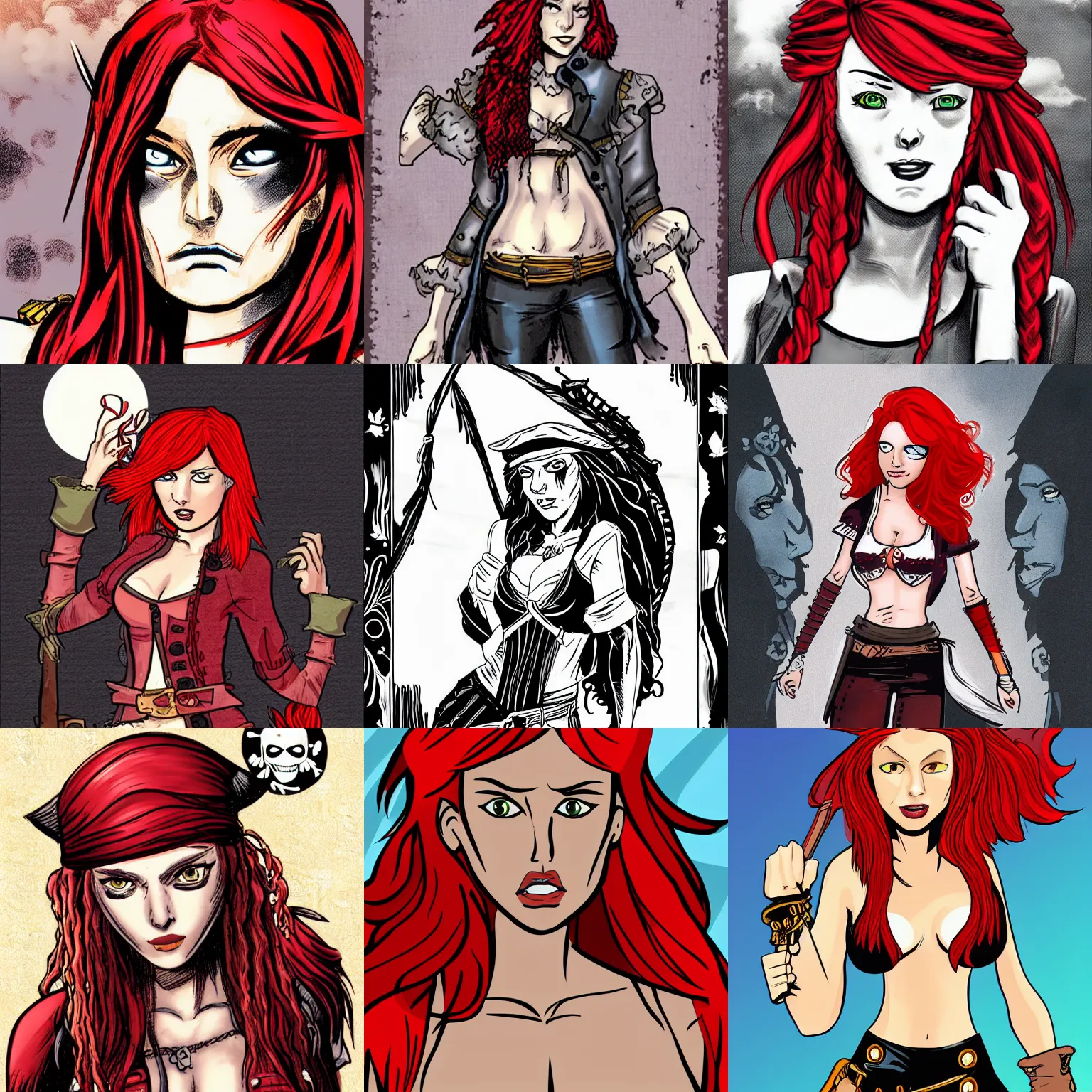 Prompt: red haired female pirate in graphic novel style