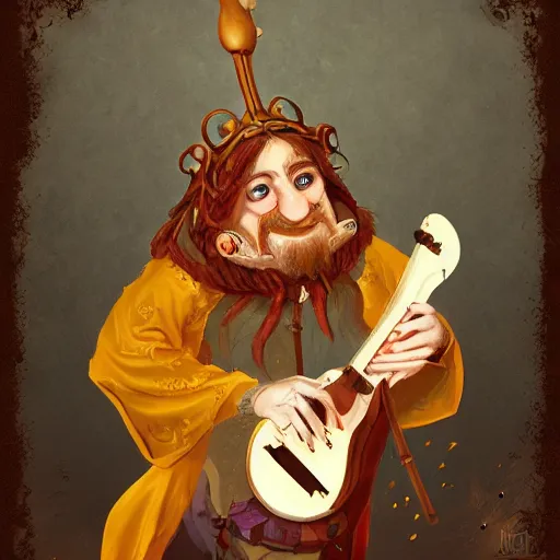 Prompt: anthropomorphic nymphicus hollandicus bard, yellow robe, playing a mandolin, digital art, d & d, character art, trending on artstation