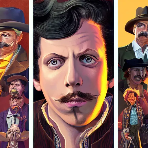 Image similar to a detailed portrait of michael cera as an old west villain, long twirling moustache, by dan mumford, yusuke murata, makoto shinkai, ross tran, cosmic, heavenly, god rays, intricate detail, cinematic, 8 k, cel shaded, unreal engine, featured on artstation, pixiv