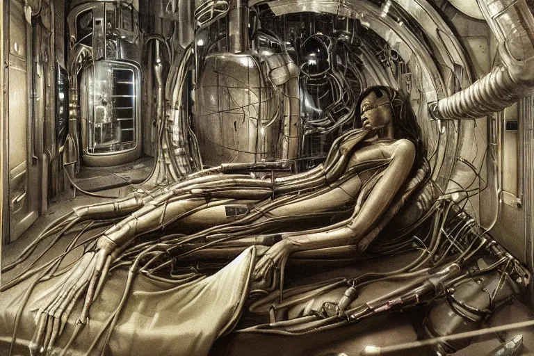 Image similar to the birth of the cyborg sleeping chambre / artificial womb by hr giger. hedonic imperative expressed as a pan - species techno - utopia imagined by jim burns and james gurney. masterpiece scifi artwork, retro, trending on artstation, 8 k