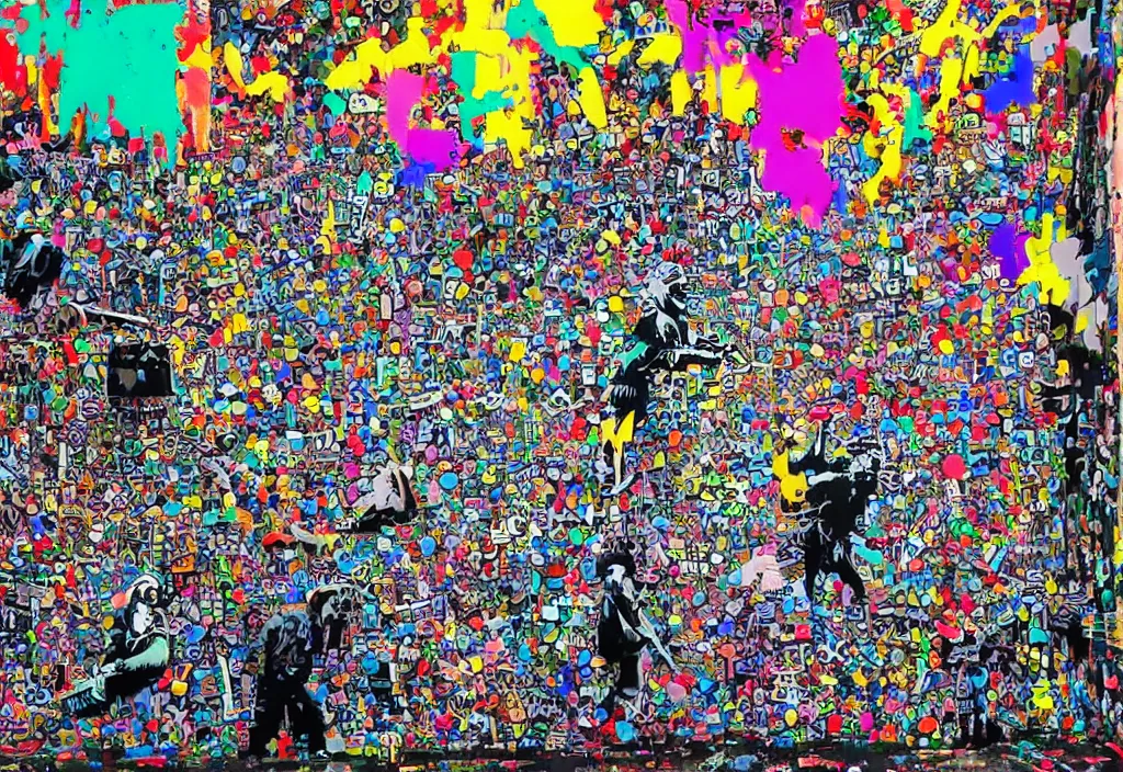 Image similar to full color banksy graffiti with statement of ai art is not art, detailed, realistic, ai weiwei, glitch art effect