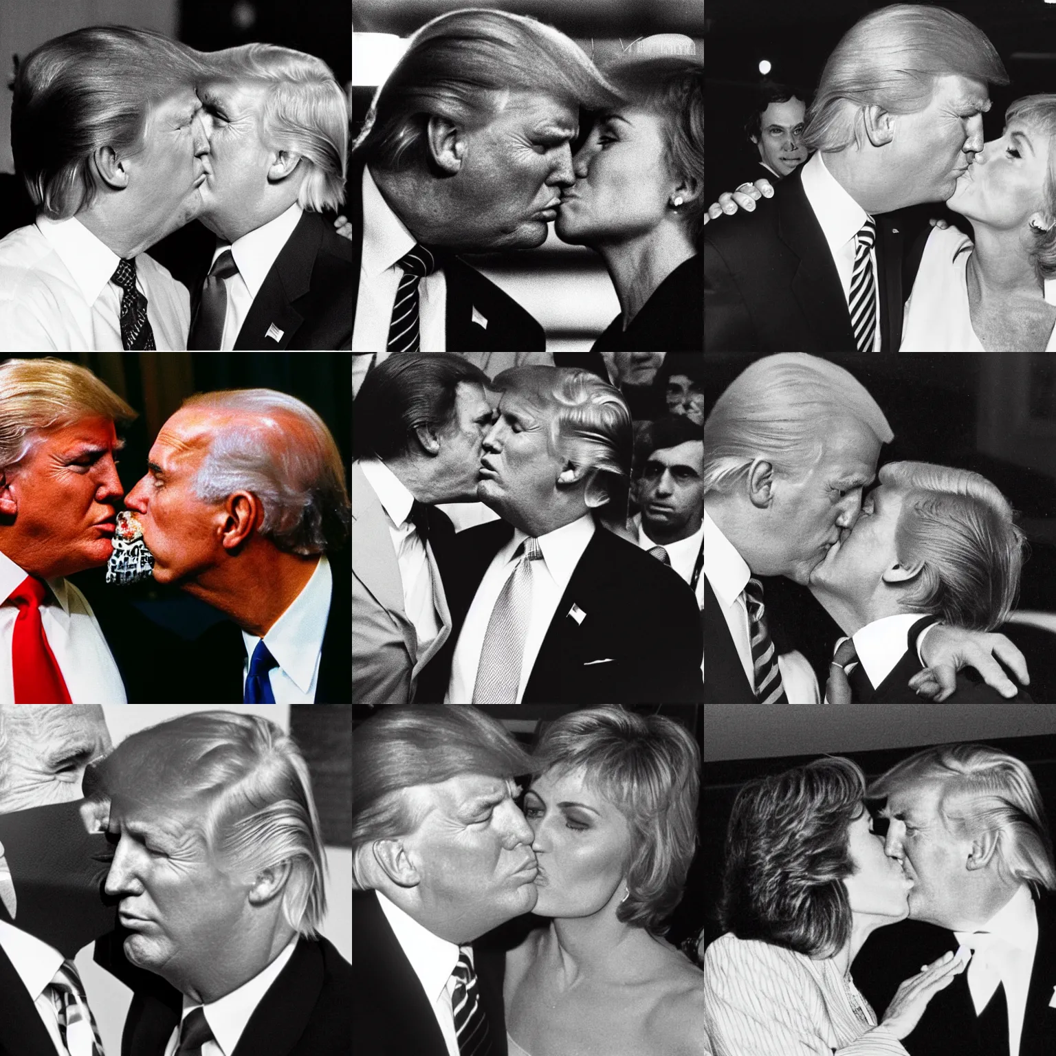 Prompt: 1980's flash photography of joe biden kissing Donald Trump