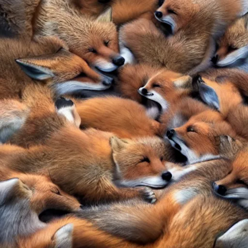 Prompt: thousands of foxes in world's largest cuddle pile