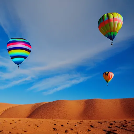 Image similar to floating rainbow colored party balloons above the desert, photography, high resolution 8 k, 3 5 mm lens,