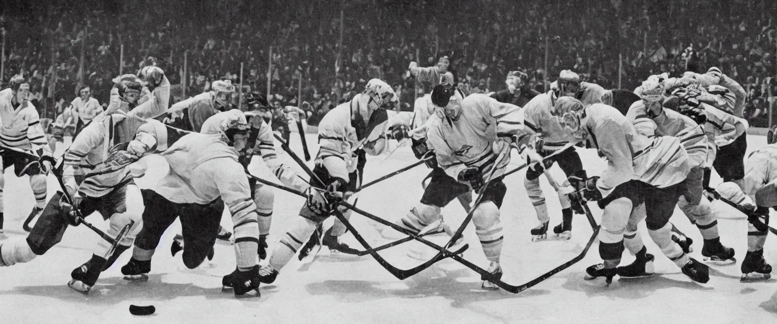 Prompt: detailed sharp photograph in the style of popular science circa 1 9 5 5 of a hockey game