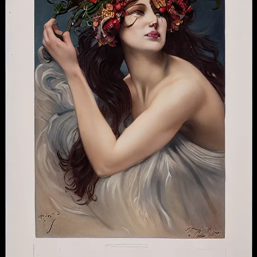 Image similar to epic portrait an woman with a skull face and wet flowing hair, flower crown, made by j. c. leyendecker