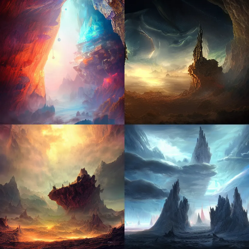 Prompt: concept art of a collision of dimensions at the horizon, celestial asthetics, colorful, dramatic lighting, de-noise, ultra realism, dark fantasy mixed with steampunk, 8k