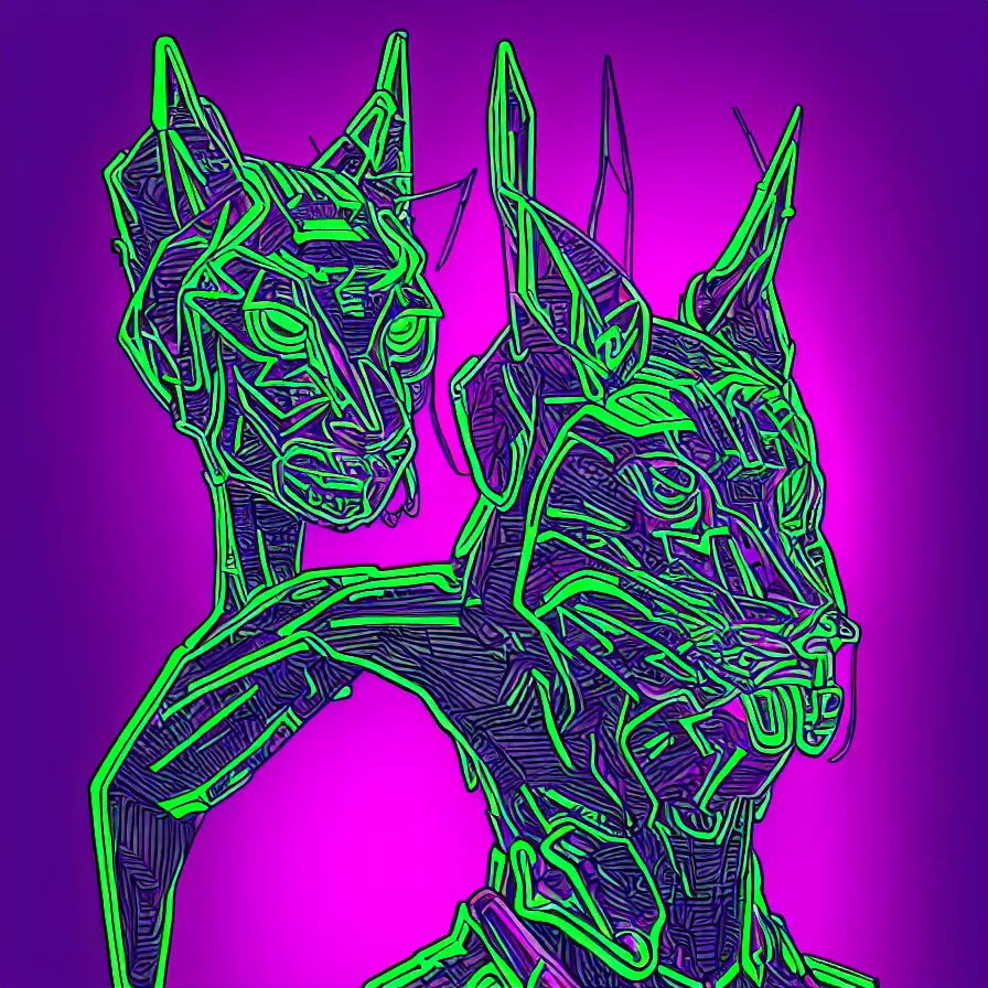 Image similar to a maximalist very detailed antropomorphic humanoid android with a head of a lynx. lowbrow blacklight color palette. artwork by subjekt zero