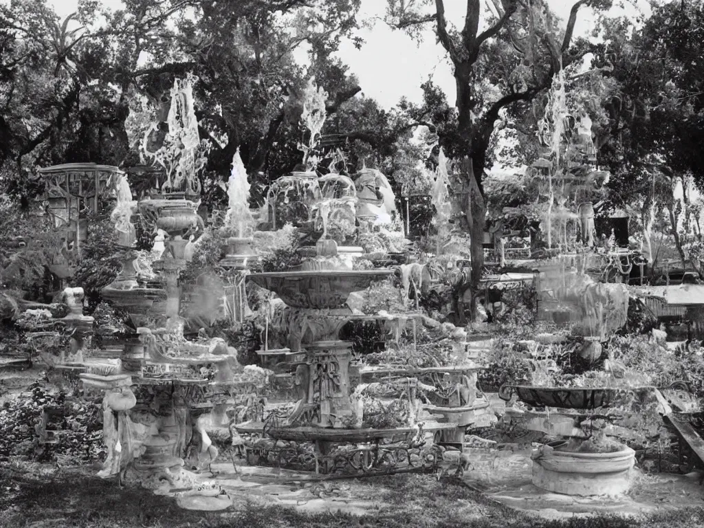 Prompt: Incredible ornate rich beefy gravy fountain in the gardens of the fried chicken mansion. Photograph from Booneville, Louisiana (1971)