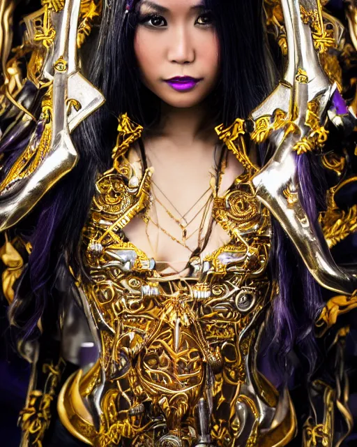 Image similar to a beautiful close up photo of a Filipina female with long hair and purple eyes, no helmet, wearing leather and gold futuristic steampunk costume , with ornate rune carvings and glowing lining, very detailed, shot in canon 50mm f/1.2