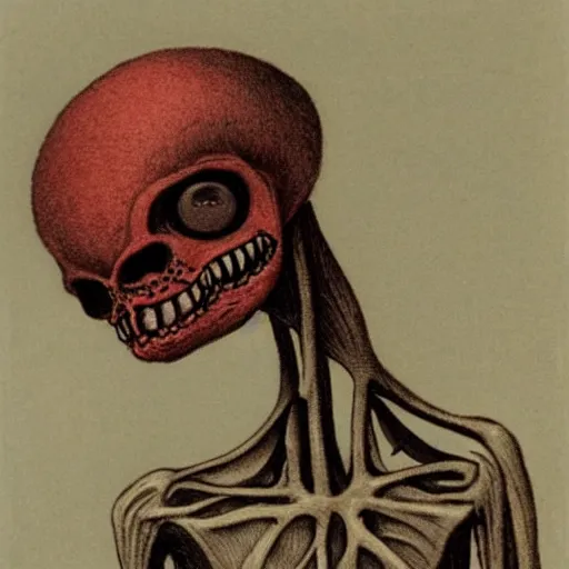 Image similar to humanoid with crooked teeth, two black eyes, long open black mouth, alien looking, big forehead, horrifying, killer, creepy, dead, slightly realistic, slightly red, long neck, boney, monster, tall, skinny, skullish, deathly, in the style of alfred kubin