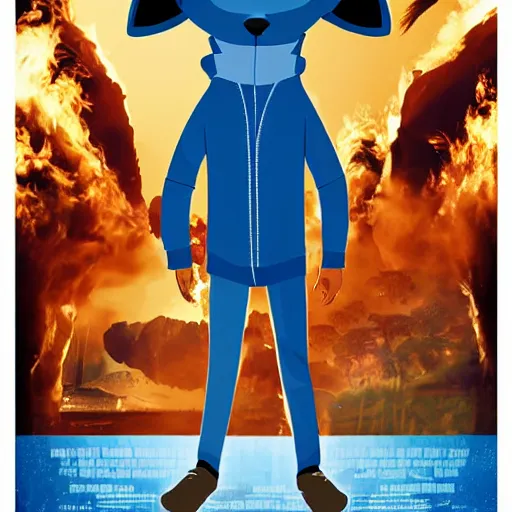 Image similar to modern action adventure movie poster, featuring in anthropomorphic blue fox in a hoodie, promotional movie poster print