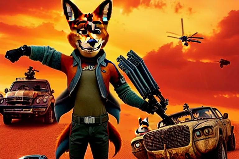 Image similar to nick wilde, heavily armed and armored facing down armageddon in a dark and gritty reboot from the makers of mad max : fury road : witness me