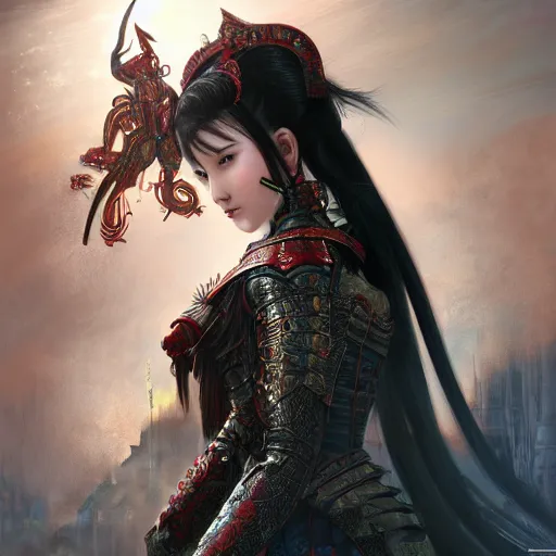 Image similar to portrait black hair young knights of Dynasty Warriors girl, metallic red armor, in ruin chinese temple rooftop sunset, ssci-fi and fantasy, intricate and very beautiful and elegant, highly detailed, digital painting, soft light, artstation, concept art, smooth and sharp focus, illustration, art by tian zi and WLOP and alphonse mucha