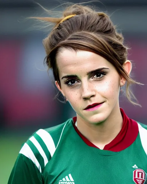 Image similar to a portrait of emma watson as a lokomotiv football player, hyper realistic