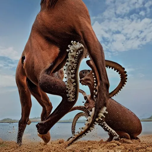 Image similar to National Geographic photo of horse full of octopus being eaten by African hunting dogs