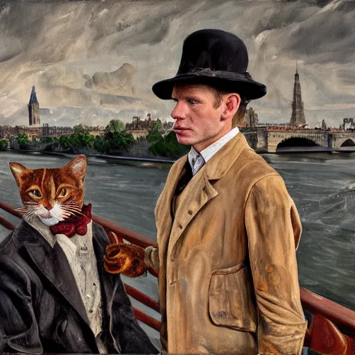 Image similar to high quality high detail painting by lucian freud, ewan mcgregor is standing by the river seine on a bridge in the morning. he is wearing a gentleman ´ s outfit with a bowler hat. next to him at his feet is lying a brown cat. ewan mcgregor is painting a canvas that is put on an easel. morning light, 4 k