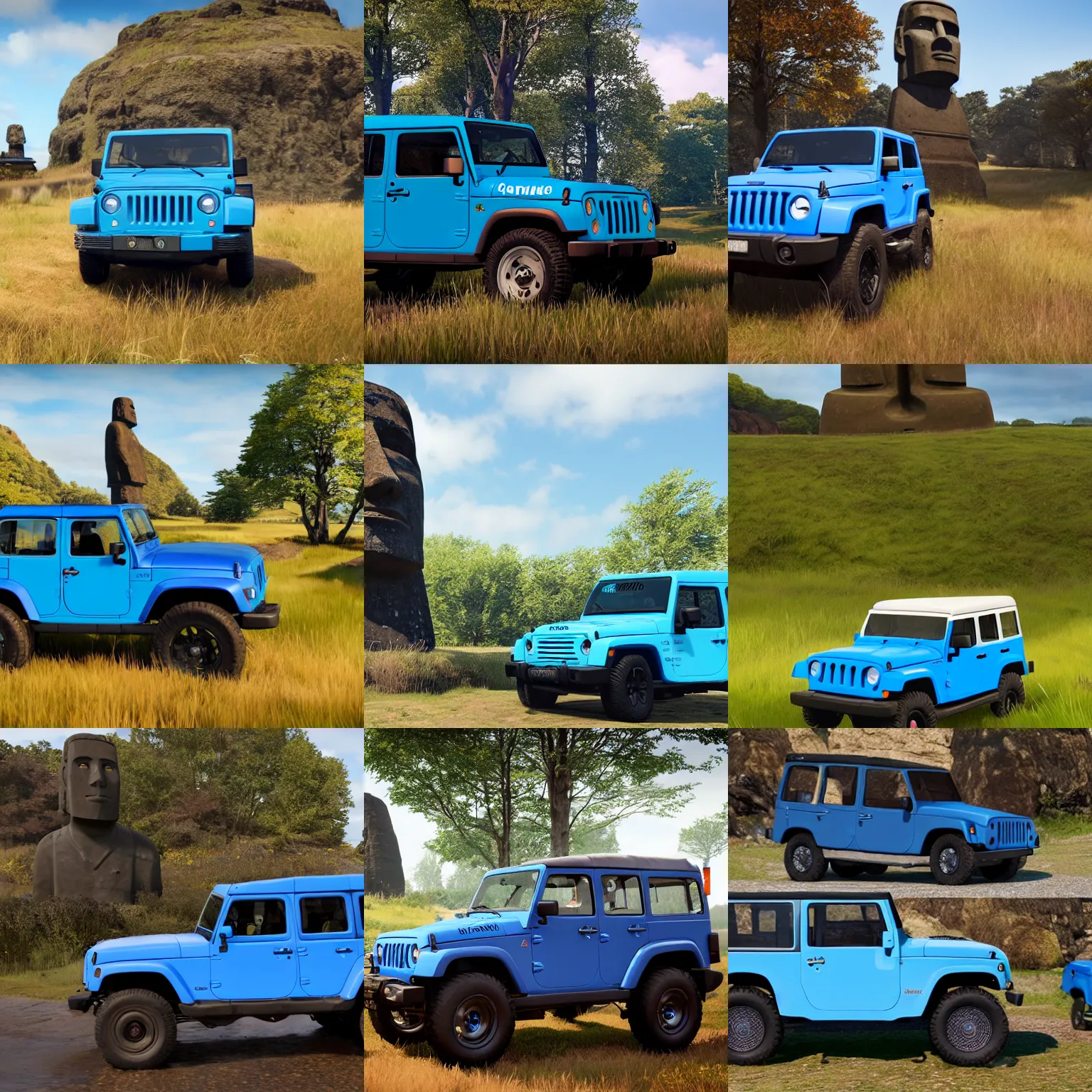 Prompt: moai in forza horizon 4 game with blue jeep, photorealistic 4 k, octane render, unreal engine, ray tracing, digital art