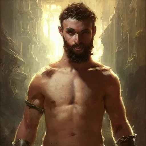 Image similar to young gladiator man with short sandy hair and a trim beard, big forehead, dopey expression, athletic, fantasy character portrait by greg rutkowski, gaston bussiere, craig mullins