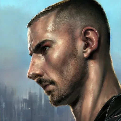 Prompt: cyberpunk, armitage, closeup portrait of a stoic ex soldier with a battlescar and light blue eyes, brown buzzcut, cyborg, dramatic light, city background, sunset, dystopian setting, high contrast, sharp, neuromancer, painted by stanley lau, painted by greg rutkowski, painted by stanley artgerm, digital art, trending on artstation