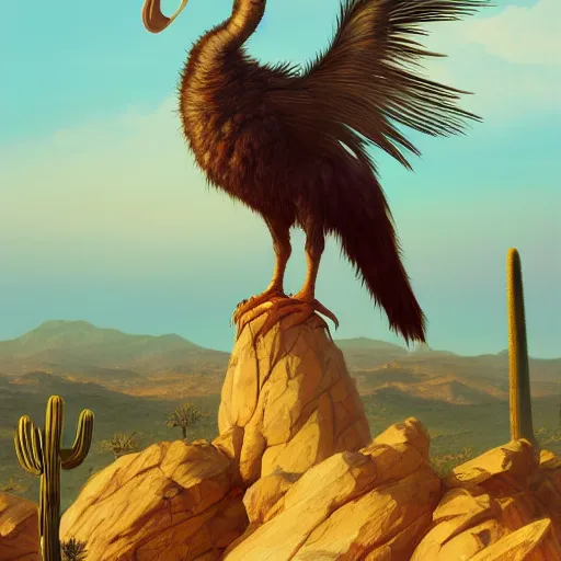 Prompt: A full body dodo bird perched atop a Saguaro cactus in the desert, digital art, trending on Artstation, high detail, sharp focus, illustration, art by artgerm and greg rutkowski and alphonse mucha.