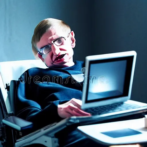 Prompt: Steven Hawking sitting in a dark room with a laptop, wearing a hoodie with a cape on, hacker stock photo, hacking, anonymous, the Matrix