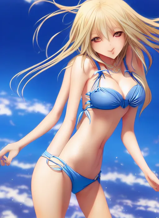 Image similar to a very beautiful young anime giantess from below, full body, long wavy blond hair, sky blue eyes, full round face, evil grin, bikini, miniskirt, front view, mid - shot, highly detailed, cinematic wallpaper by stanley artgerm lau