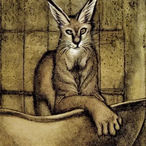 Prompt: cute caracal in bathtub, by Arthur Rackham