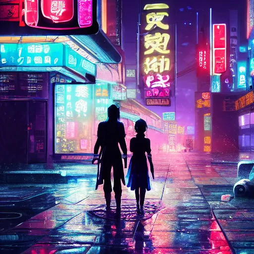 Image similar to samurai with his daughter, rainy night, neon glow concept art, sharp focus, city background, intricate, digital painting cyberpunk 2077, octane render, wallpaper, highly detailed, anime key visual, cold colors, HD digital art, artstation, illustration, art by Artgerm, Makoto Shinkai, Ilya Kuvshinov, Lois Van Baarle and Rossdraws