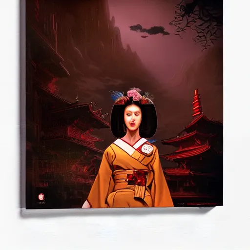 Image similar to portrait of geisha, atmospheric lighting, painted, intricate, volumetric lighting, beautiful, rich deep colours masterpiece, sharp focus, ultra detailed, in the style of Dan Mumford and marc simonetti, futuristic temple in the background,