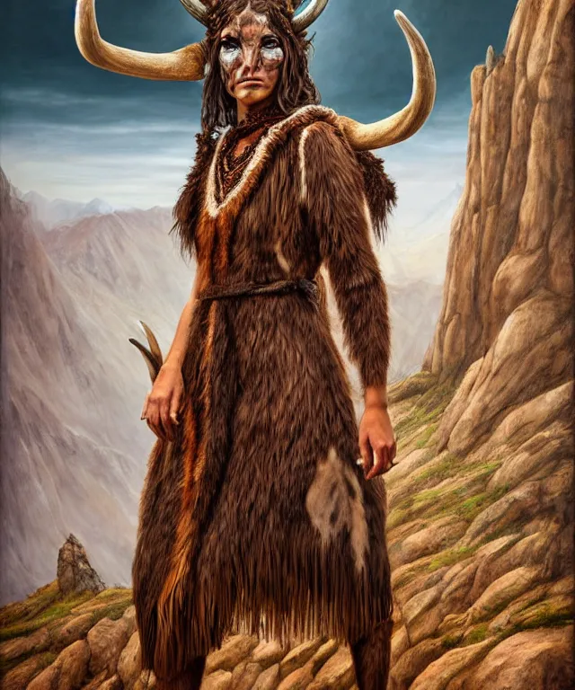 Image similar to a detailed horned antelopewoman stands among the mountains. wearing a ripped mantle, robe. perfect faces, extremely high details, realistic, fantasy art, solo, masterpiece, art by daniel e. greene, johannen voss, zoey frank, vincent desiderio