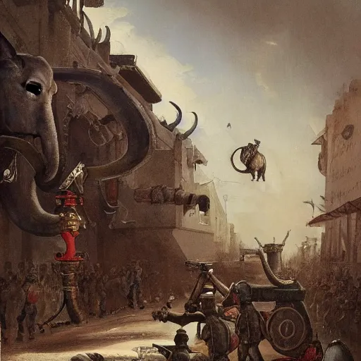 Image similar to elephant with a cannon in place of its head, men in napoleonic uniforms operate cannon on a platform around the elephant's neck, the elephant walks through the streets of a medieval city, illustration, rpg, hubert robert, dying earth, body horror