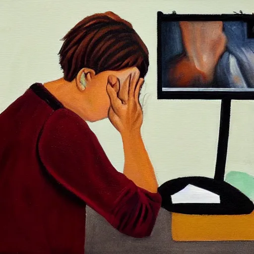 Prompt: a painting of an artist crying in front of a computer