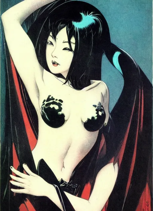 Image similar to portrait of mighty korean vampiress, jeweled veil, strong line, saturated color, beautiful! coherent! by frank frazetta, high contrast, minimalism