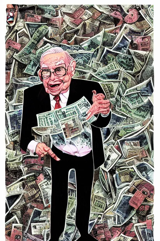 Image similar to George Soros full body shot, dollar bills Body horror, biopunk, by Ralph Steadman, Francis Bacon, Hunter S Thompson