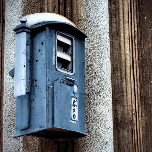 Prompt: color photograph of utility pole, telephone pole utility box