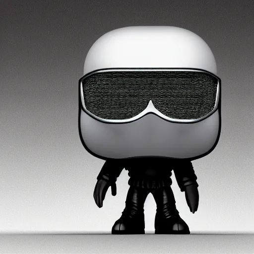 Image similar to a 3d render of technoblade as a funko pop stood Infront of the box, studio lighting, grey background